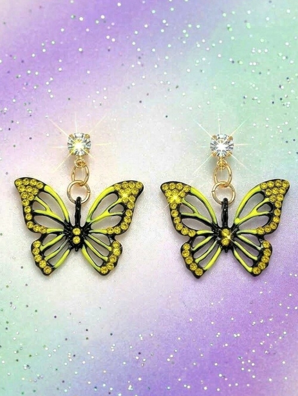 Black And Neon green crystal butterfly drop earrings with silver posts